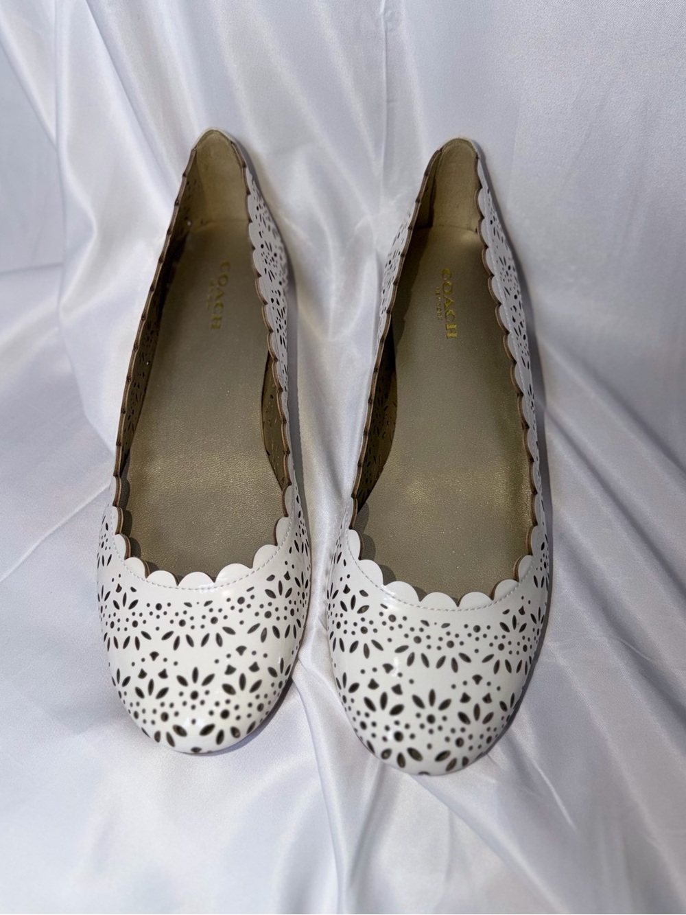 COACH White Laser-Cut Scalloped Ballet Flats